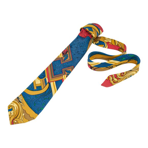 Hermes Tie Abstract Design Silk Blue / Gold / Red